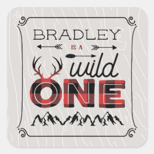 Sticker Carré Wild One Boys Rustic Plaid Lumberjack 1er annivers