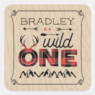 Sticker Carré Wild One Boys Rustic Plaid Lumberjack 1er annivers