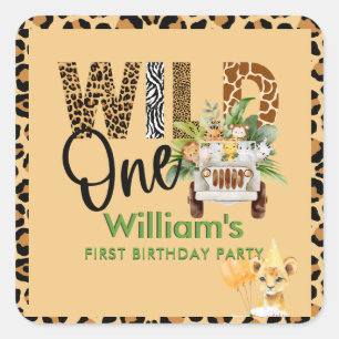 Sticker Carré Wild One Safari Animaux premier anniversaire garço