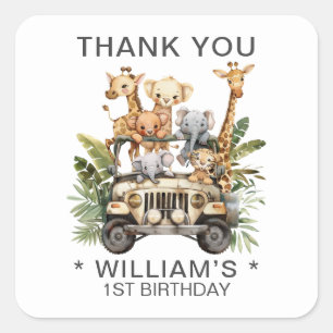 Sticker Carré Wild One Safari Jungle 1er anniversaire Merci