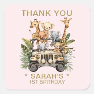 Sticker Carré Wild One Safari Jungle 1er anniversaire Merci rose