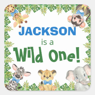 Sticker Carré Wild One Safari Zoo Animaux Garçon premier anniver