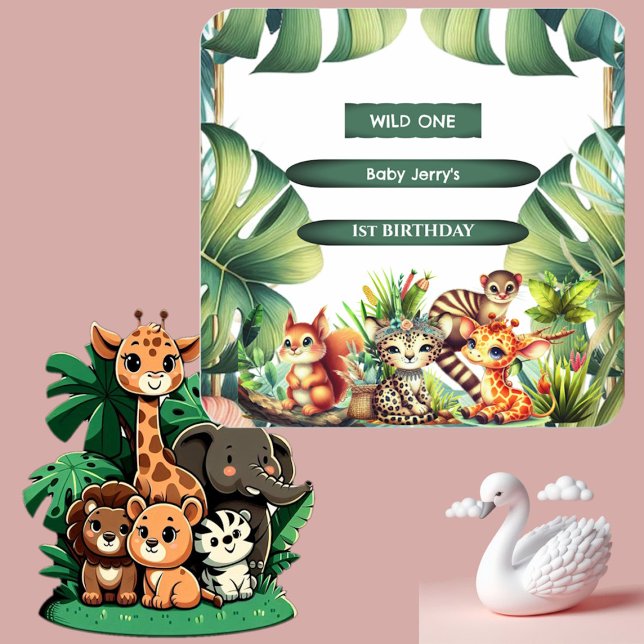 Sticker Carré Wild Un Anniversaire Jungle Safari Tropical Green (Wild One Birthday Jungle Safari Tropical Greenery Square Sticker)