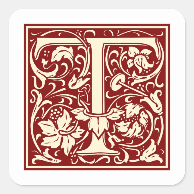 Sticker Carré William Morris Lettre T Monogramme rouge initial (Devant)