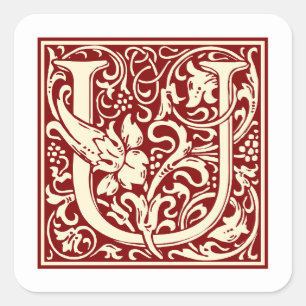 Sticker Carré William Morris Lettre U Monogramme rouge initial