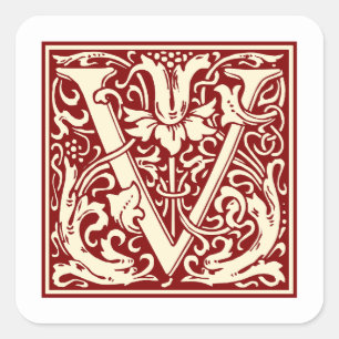 Sticker Carré William Morris Lettre V Monogramme Rouge initial