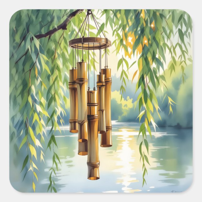 Sticker Carré Willow plumant, Windchimes et lac (Devant)