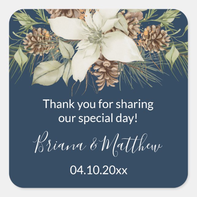 Sticker Carré Winter Navy Bleu Élégant Script Mariage Faveur (Devant)