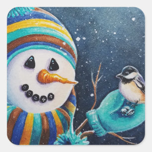 Sticker Carré Winter Snowman nourrit Chickadee Bird Aquarelle Ar