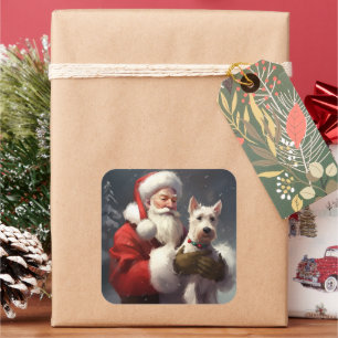 Sticker Carré Wire Fox Terrier Père Noël Noël Festif