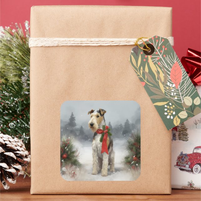 Sticker Carré Wirefox Terrier Chien de Noël de neige (vacances)