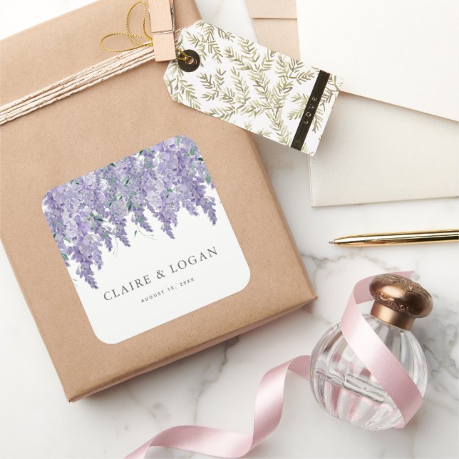 Sticker Carré Wisteria Dusty Purple Mariage d'aquarelle (Cadeaux)