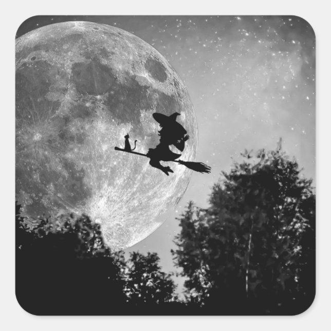Sticker Carré Witch flying on the broom with her cat (Devant)