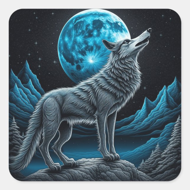 Sticker Carré Wolf debout devant la Pleine lune | Art AI (Devant)