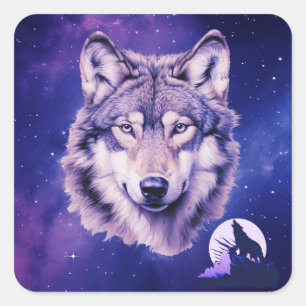 Sticker Carré Wolf Galaxy Stars Cosmique fête d'anniversaire