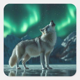 Sticker Carré Wolf Howling Under the Northern Lights