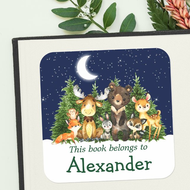 Sticker Carré Woodland Forest Animaux Sky Trees Bookplate Étique (Customize to change text size, color or text style.)