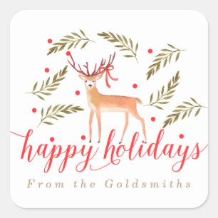 Sticker Carré Woodland Reindeer Joyeuses Vacances Personnalisées