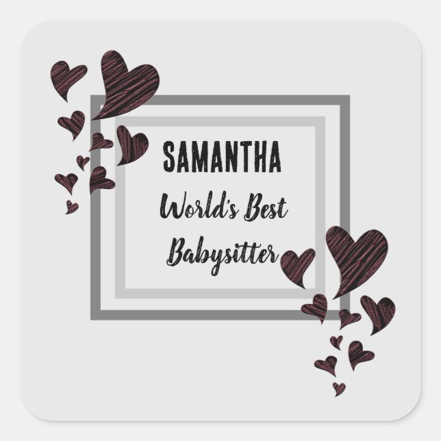 Sticker Carré Worlds Best Babysitter Hearts Garde d'enfants Nann (Devant)