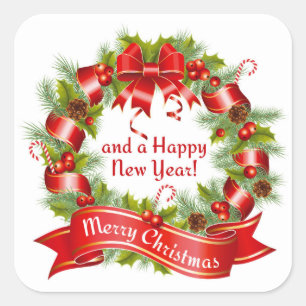 Sticker Carré Wreath : Joyeux Noël et une bonne année !,