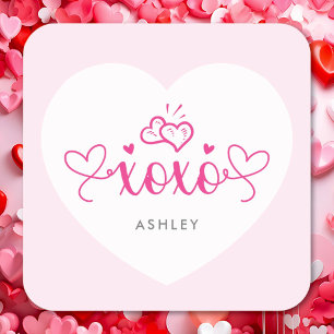 Sticker Carré XOXO Élégant Script Coeurs roses Valentines Day