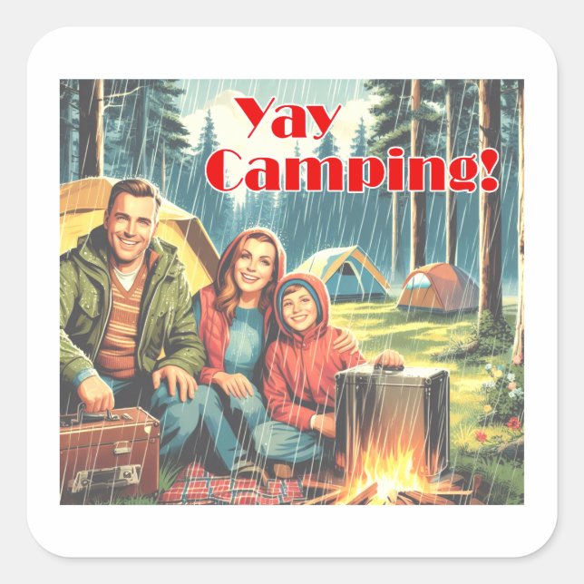 Sticker Carré Yay Camping Dans La Pluie (Devant)