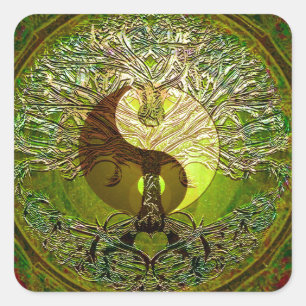 Sticker Carré Yin Yang Mandala vert avec arbre de vie