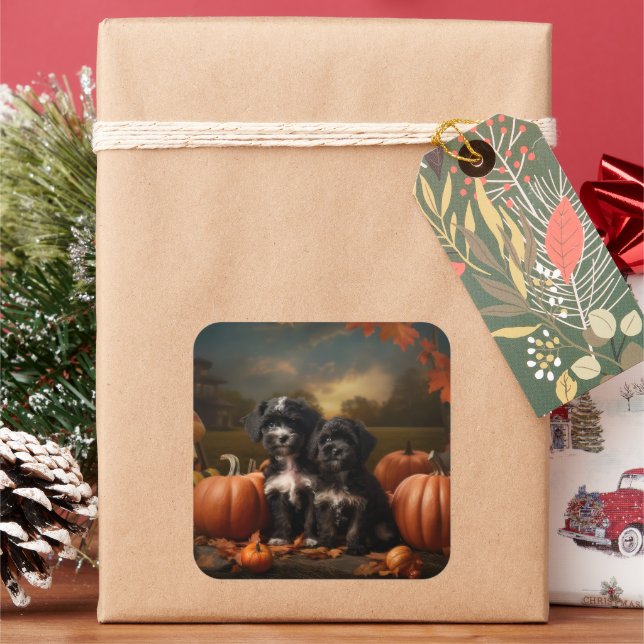 Sticker Carré Yorkipoo Chiot Automne Citrouille délice (vacances)