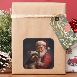Sticker Carré Yorkshire Terrier Santa Claus Festive Noël