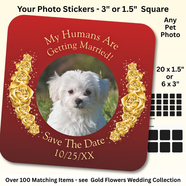 Sticker Carré Your Pet Photo, Save The Date, Gold Flowers Maroon (Créateur téléchargé)