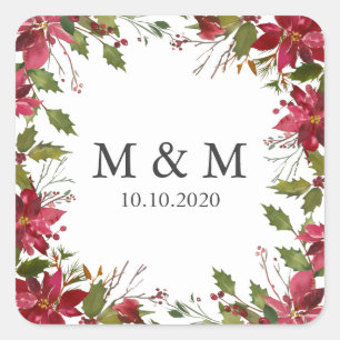 Sticker Carré Yuletide Monogramme Mariage de Poinsettia