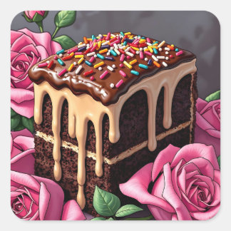 Sticker Carré Yummy Chocolate Birthday Cake with Sprinkles