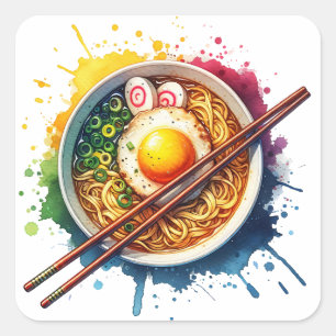 Sticker Carré Yummy Ramen nouilles et baguettes