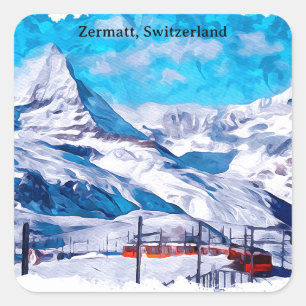 Sticker Carré Zermatt Suisse Alpes suisses Aquarelle d'hiver
