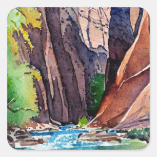 Sticker Carré Zion National Park Utah The Narrows Watercolor
