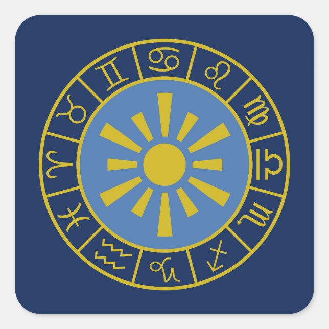 Sticker Carré Zodiac Soleil Roue+Symboles Astrologiques Or+Blues (Devant)