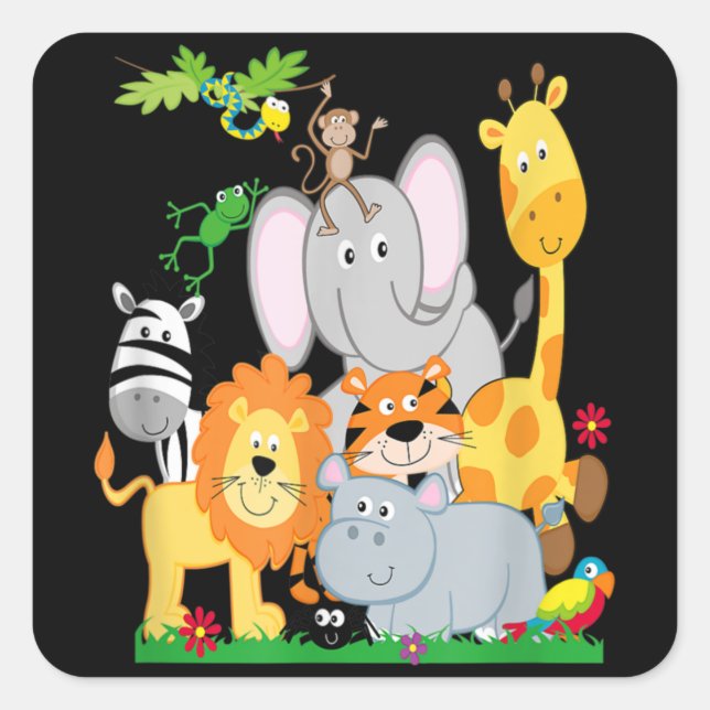 Sticker Carré Zoo Animaux Animaux Animaux Fête D'Anniversaire Un (Devant)