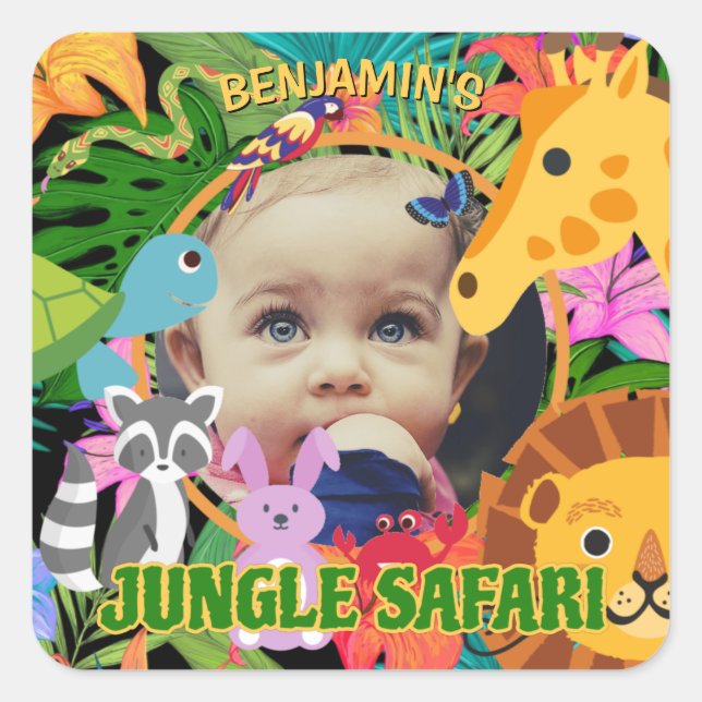 Sticker Carré Zoo Wild Animal Jungle Safari Anniversaire de enfa (Devant)