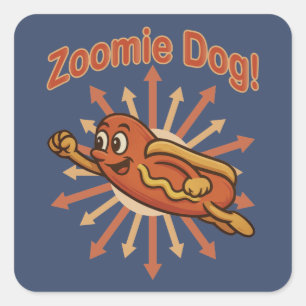 Sticker Carré Zoomie Chien volant Hot Dog Cartoon - Fun Retro