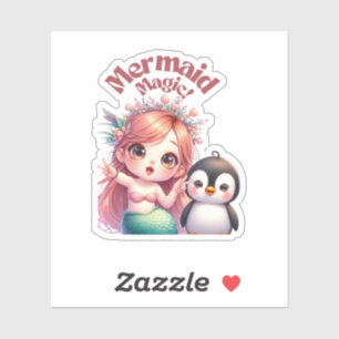 Sticker Carte magique de la sirène de Noël avec un manchot