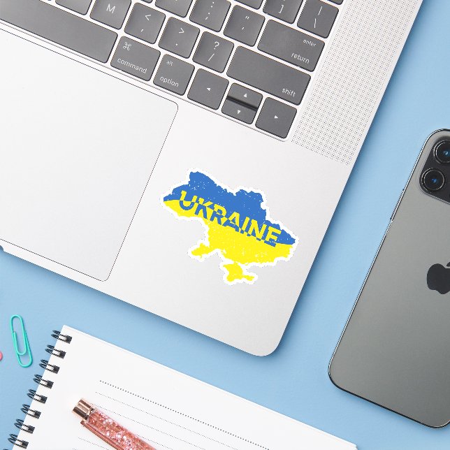 Sticker Carte ukrainienne en bleu et jaune. Ukraine (Ordinateur portable avec iPhone)