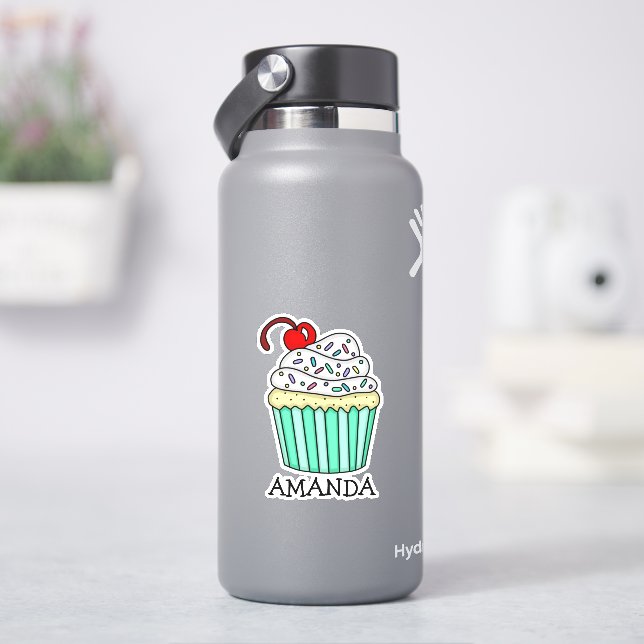 Sticker Cartoon personnalisé Vanilla Cupcake et nom (HydroFlask)