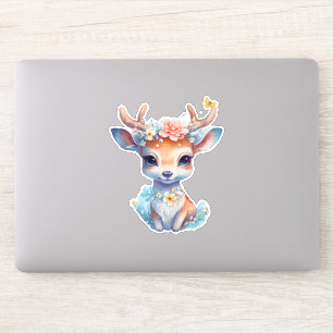 Sticker Cerf de Bébé mignon avec Antlers et Fleurs