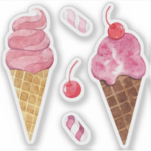 Sticker Cerise d'aquarelle aux cônes de glace arc-en-ciel