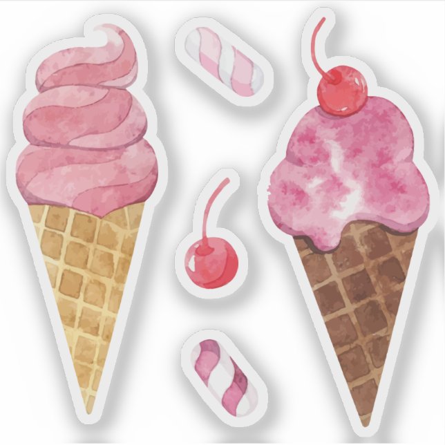 Sticker Cerise d'aquarelle aux cônes de glace arc-en-ciel (Devant)
