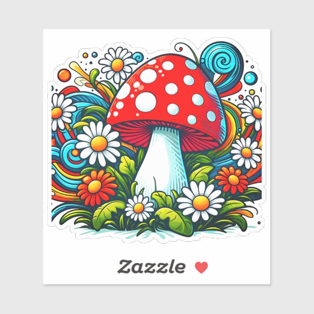 Sticker Champignon parmi des marguerites printanières fant (Feuille)