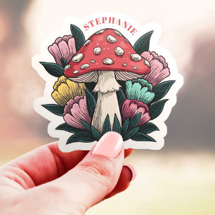 Sticker Champignons et fleurs Nom personnalisé Vinyl