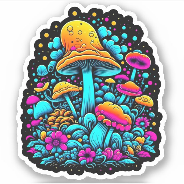 Sticker Champignons et fleurs rétro Neon (Devant)
