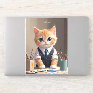 Sticker Charming Ginger Cat Artiste avec pinceaux mignonne