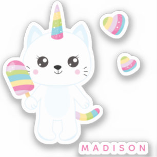 Sticker Chat à licorne mignonne avec Coeurs arc-en-ciel